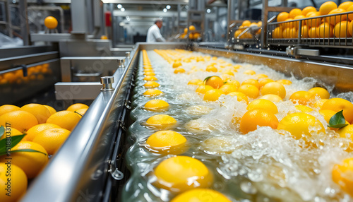 The advanced automated cleaning and sanitizing process for citrus fruits in a high-tech production facility., detailed. isolated with white highlights