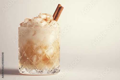 A photorealistic close-up of a Mexican horchata cocktail with rum and cinnamon