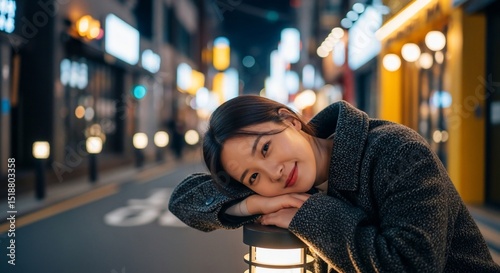Smiling Woman Leaning on Street Lamp in Illuminated City at Night