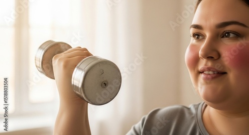 Smiling Woman Lifting Dumbbell, Focused on Fitness and Exercise Goals