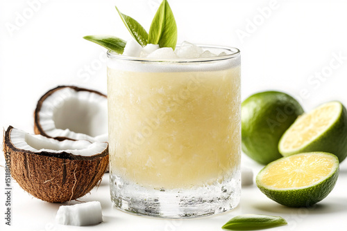 A photorealistic angled view of a Filipino lambanog cocktail with coconut and calamansi