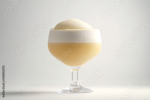 A photorealistic side view of a Peruvian pisco sour with lúcuma foam and angostura bitters