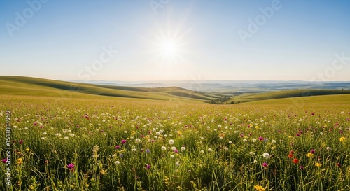 Sunlit Meadow of Wildflowers with Rolling Hills and Bright Blue Sky