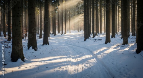 Sunlit Winter Forest Path with Snow and Dramatic Light Beams