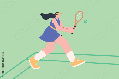 Woman playing tennis with racket and ball on court. Flat vector illustration isolated on green background. Sport and active lifestyle concept. Design for poster, banner, header, card, wallpaper.