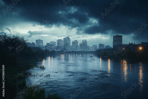 Urban Cityscape Storm. Rainfall & Moody Reflection at Dusk