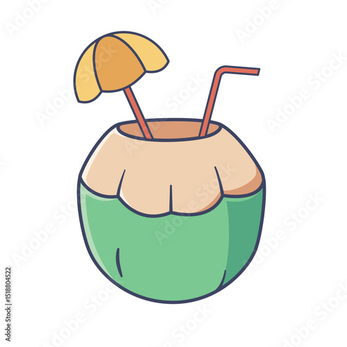 Coconut drink with straw and cocktail umbrella. Flat vector illustration isolated on white background. Tropical refreshment and summer travel concept. Design for postcard, sticker, invitation, print.