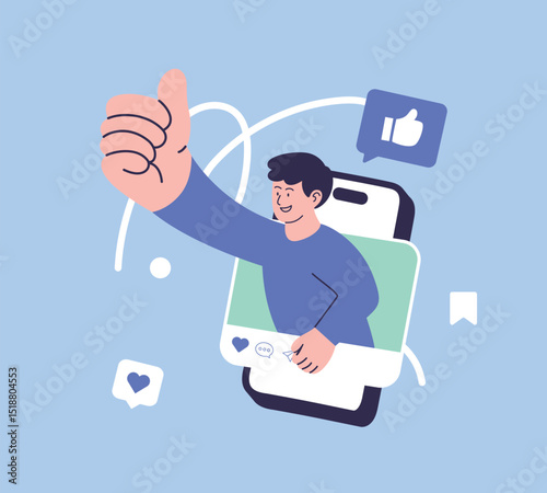 Smiling man giving thumbs up emerging from smartphone screen with social media icons. Flat vector illustration. online approval, digital interaction, and positive engagement in social networks.