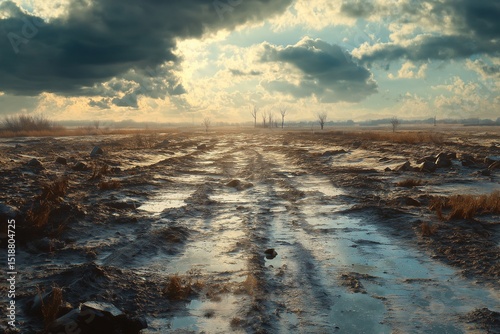 Rural Road with Dramatic Sky. Scenic View of a Muddy Path in a Serene Rural Landscape