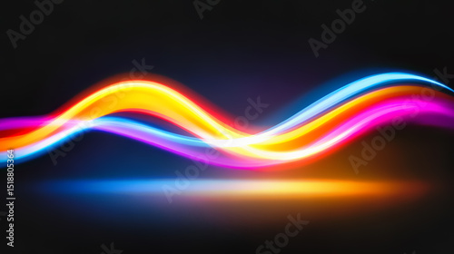 Abstract colorful light wave flowing with vibrant neon spectrum gradient, dynamic energy motion on dark background with electric glow effect and rainbow colors streaming fluid curves