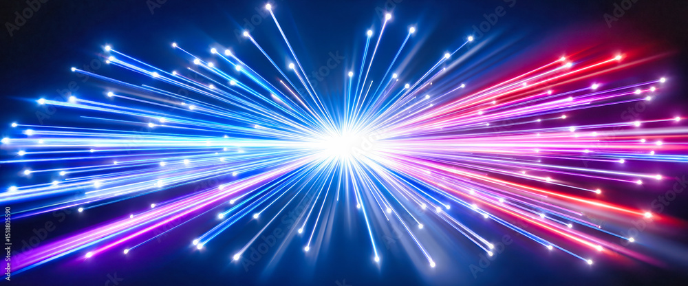 Dynamic light speed tunnel with radial neon beams bursting from center in blue pink purple colors, digital technology, fiber optic data transmission concept Dynamic light speed tunnel with radial neon beams bursting from center in blue pink purple colors, digital technology, fiber optic data transmission concept