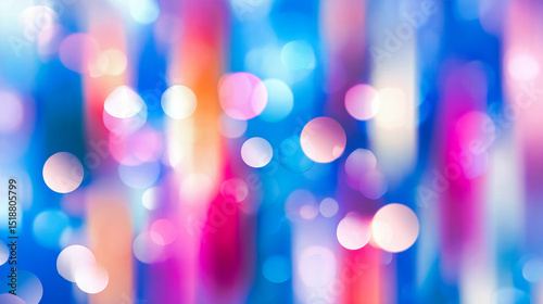 Vibrant bokeh lights create dreamy abstract background with colorful circles, soft glowing dots in blue pink spectrum, magical luminous atmosphere perfect for festive designs
