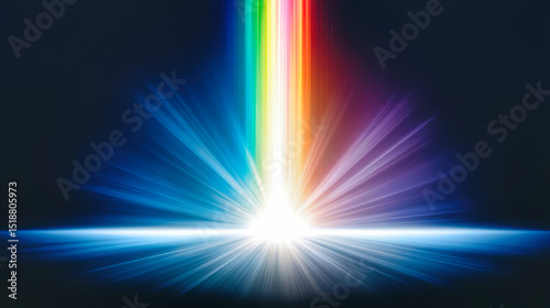 Rainbow spectrum light burst with brilliant colorful rays, vibrant prismatic energy beams, abstract digital background with dynamic motion effects