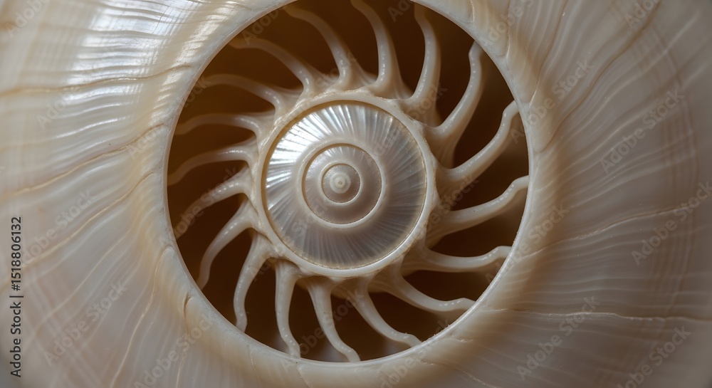Obraz premium A detailed macro shot showcases the perfect natural spiral of a nautilus shell's interior, highlighting its intricate chambers and pearlescent surface.