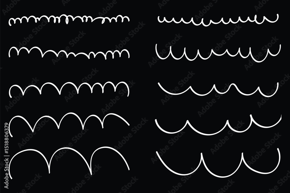Set of hand drawn marker pen stroke line black background design element doodle scribble Rough charcoal strokes. Collection of vector grunge brushes. Vector horizontal chalk lines drawn by hand.