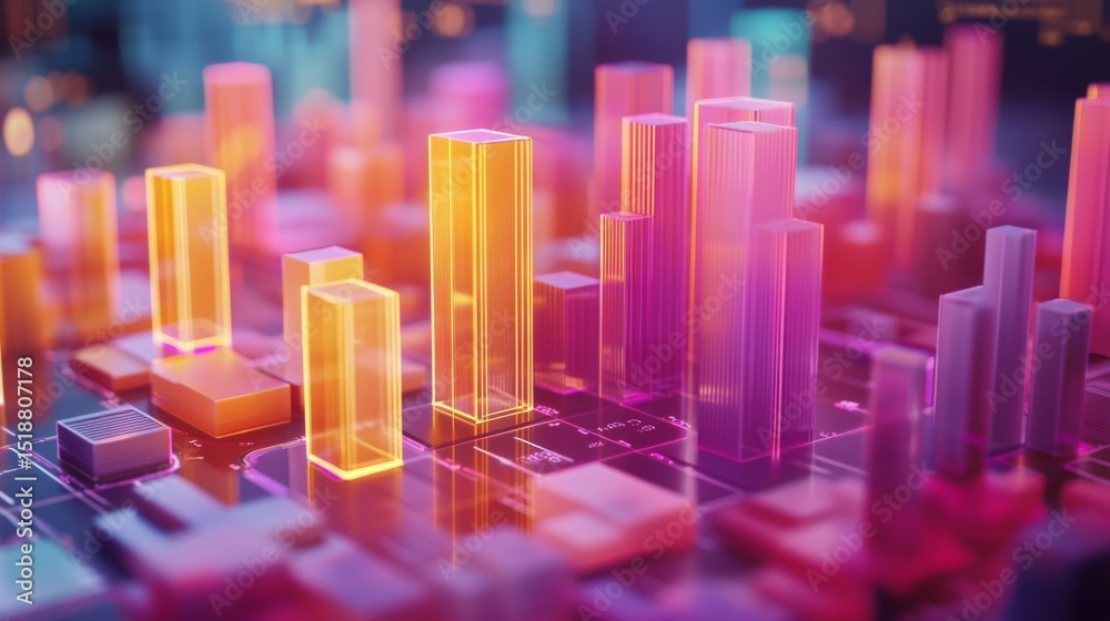 A dynamic D bar chart with translucent bars in different heights, hovering over a futuristic financial dashboard with glowing elements