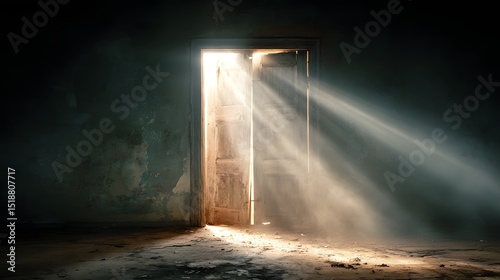 An old weathered wooden door stands open inviting a burst of bright daylight to stream into the dimly lit abandoned interior of a forgotten room