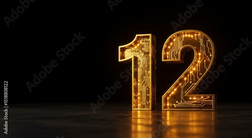 Golden Circuit Board Number Twelve Against a Black Background
