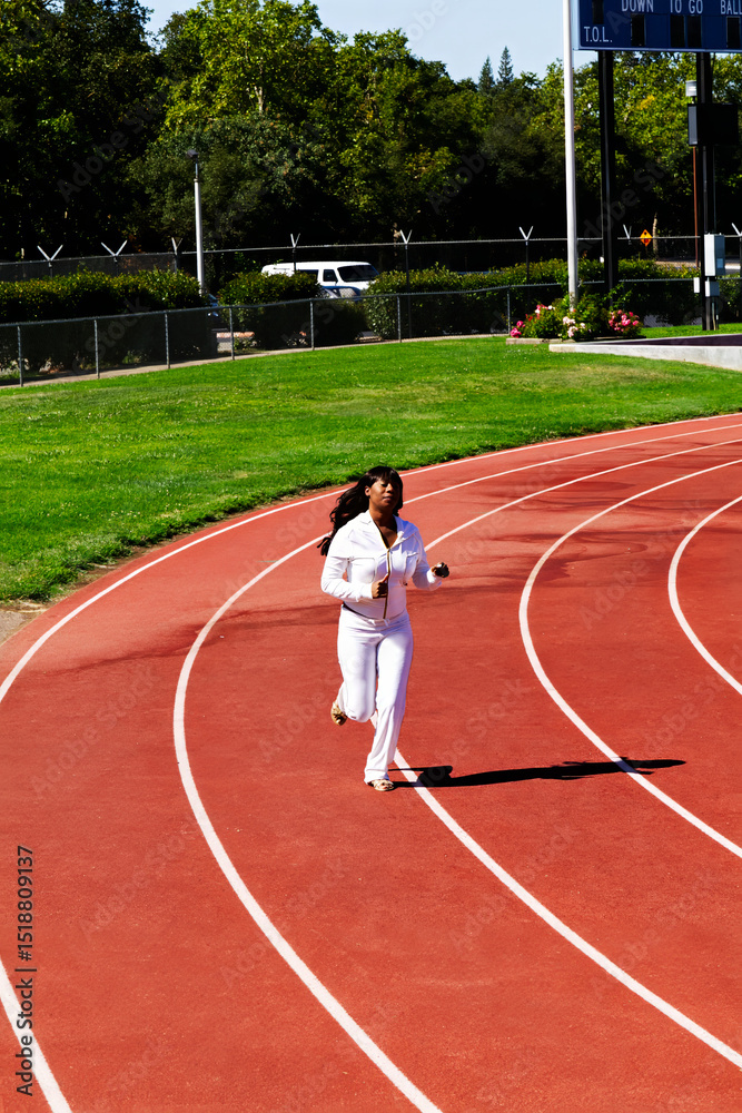 Fototapeta premium Young African American Woman Running On Track In White Sweat Suit