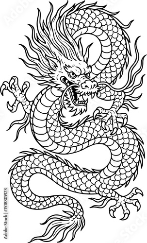 Dragon - Vector illustration of oriental dragon for tattoo. Editable vector of Japanese, Chinese and Asian dragon. Designs for stickers, prints, coloring and decals