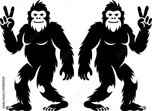 Minimalist Bigfoot Outline Giving Peace Sign Vector | Simple Sasquatch Silhouette on Transparent Background