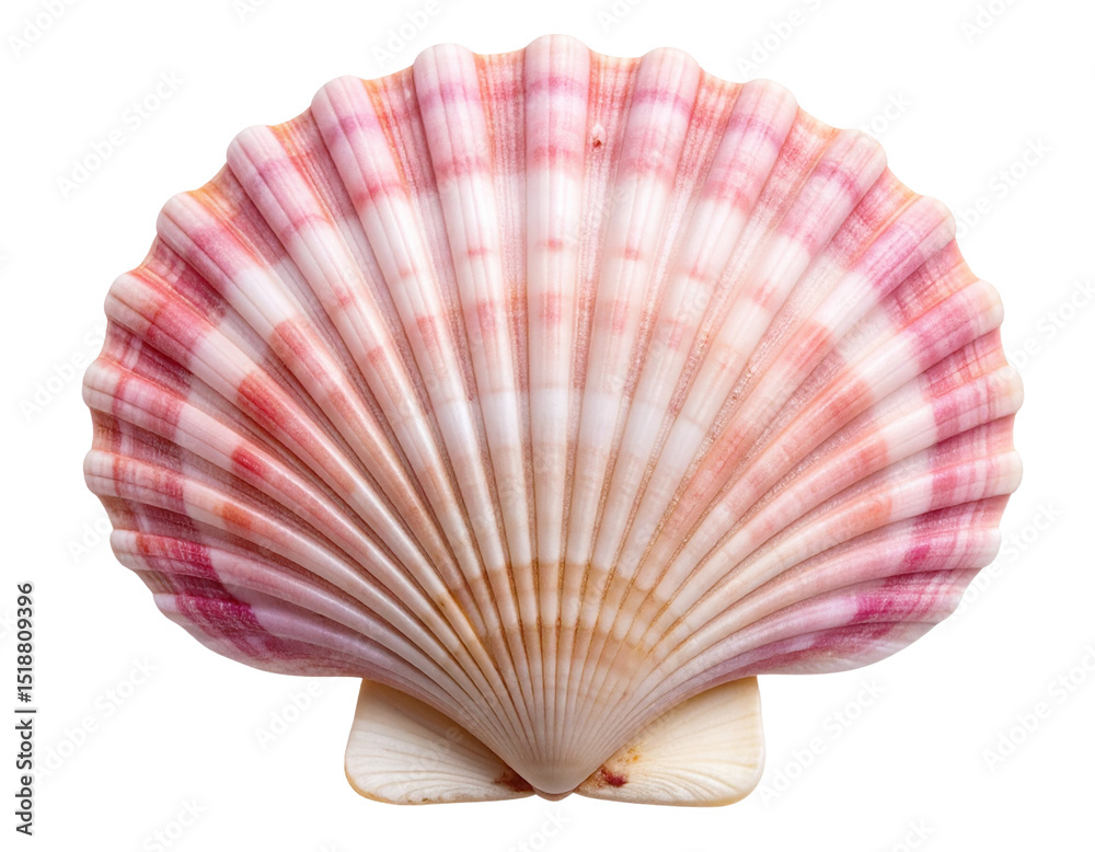 Fototapeta premium Flat Fan-Shaped Scallop Shell with Pink Gradient, Top View, isolated on transparent background