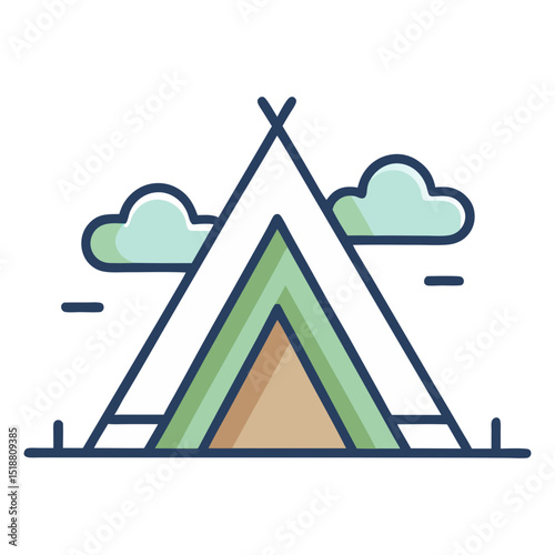 An outline icon depicts a triangular tent or teepee with a blue entrance and green interior, set between two simple clouds, evoking a camping scene.