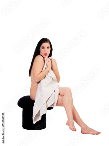 Nude Caucasian Woman Sitting On Stool Covered With Towel