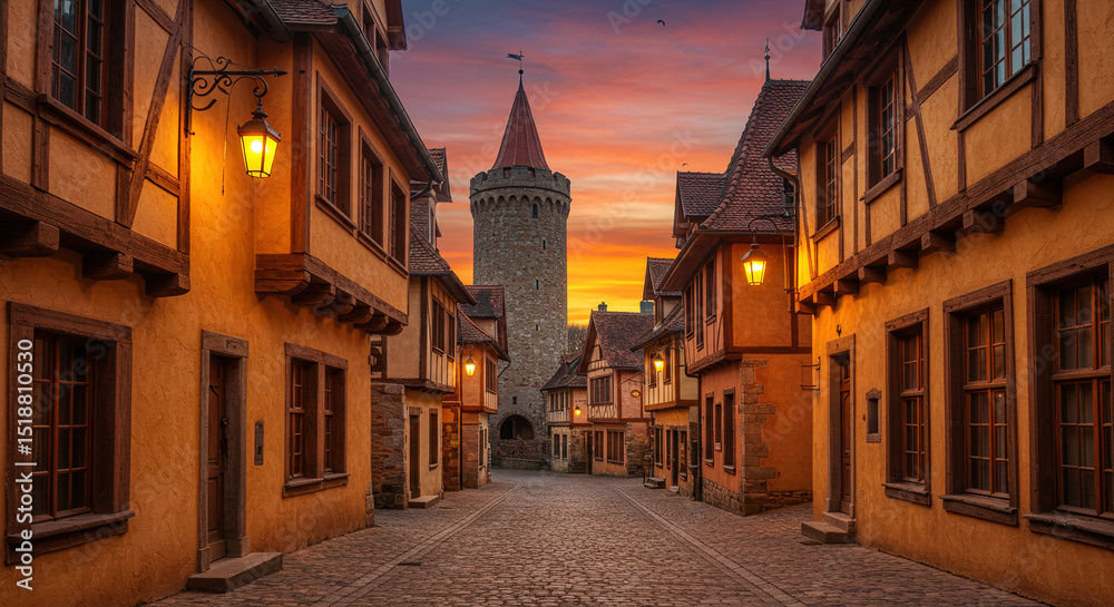 Fototapeta premium Cobblestone street leading to a medieval tower at sunset with half timbered buildings on both sides