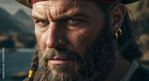 The intense gaze of a pirate captain covered in scratches