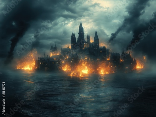A castle is on fire and is surrounded by water. The sky is dark and cloudy. Scene is intense and dramatic