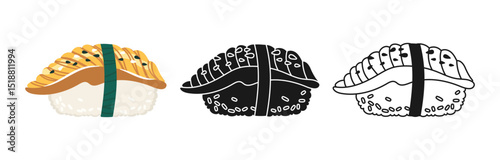 Sushi Nigiri with eel symbol cartoon set. Traditional Asian Japanese food linear doodle icon. Sushi seafood vector illustration. Stylized doodle design sign for oriental menu, cafe, bar, restaurant