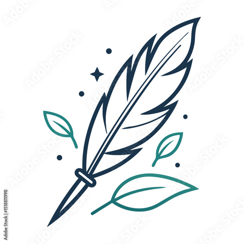 
An illustration of a quill pen, with teal and blue leaves and floating sparkle-like elements, set against a white background, symbolizing writing, poetry, or creative expression.