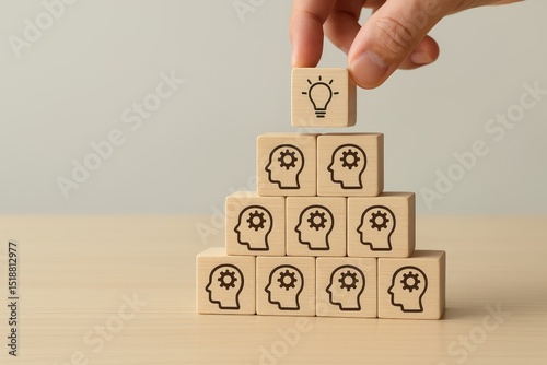 Innovative teamwork ideas lightbulb concept wooden blocks