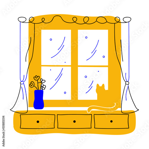 Cat and Flowers by Window