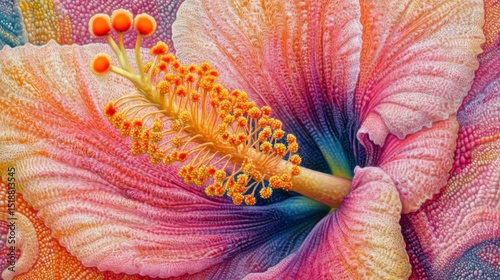 Detailed shot of a vibrant hibiscus flower, focusing on the intricate stamen and petal texture