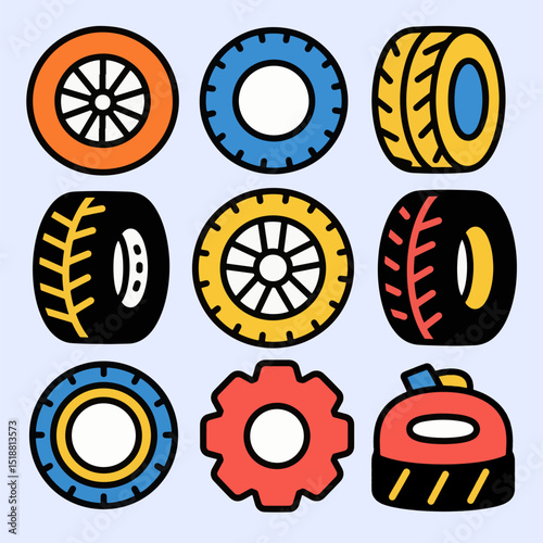 Off-road and sport tire collection icon vector set, showing rugged textures, unique hubcaps, and various bold tire types in high contrast flat design.