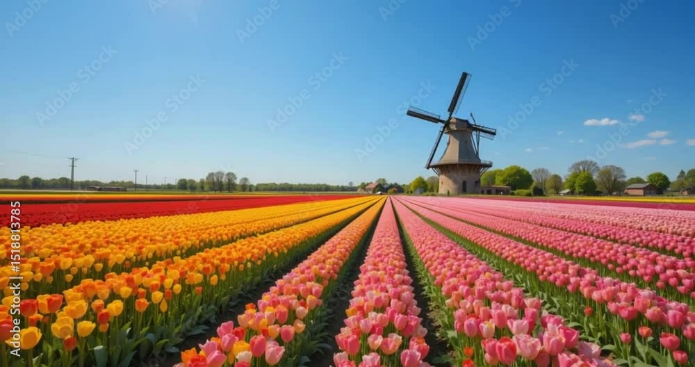 Vibrant Dutch Tulip Fields with Traditional Windmill Aesthetic Landscape