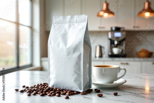 Blank white coffee bag mockup kitchen setting