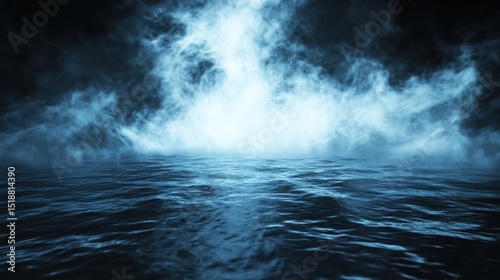 mysterious water surface shrouded in ghostly vapor illuminated by an ethereal light source casting a surreal and atmospheric glow on the undulating waves creating an otherworldly scene