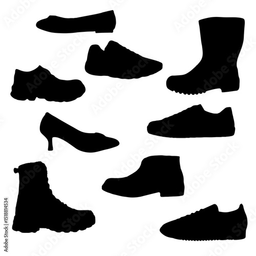 silhouette of a collection of shoe models
