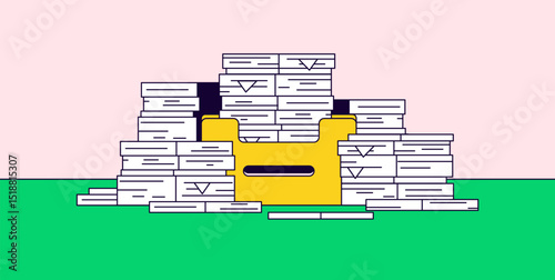 Yellow mail bin surrounded by stacks of white envelopes. Represents bulk mail, inbox overload, or document organization in cartoon style illustration