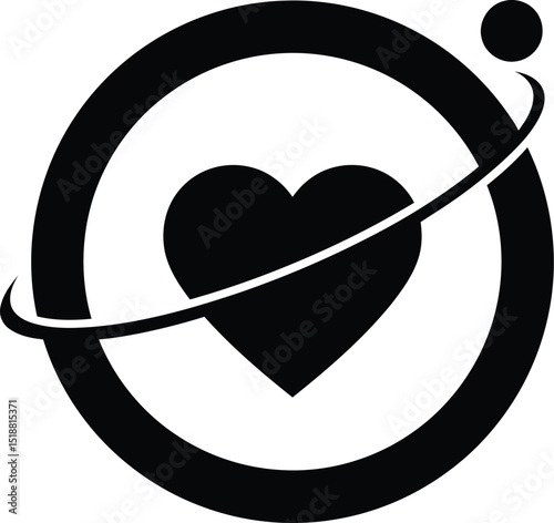 Heart within circle with orbiting line and small circle