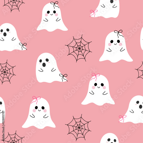 Seamless cartoon halloween ghost with bow pattern in pink background. Pink Halloween ghost vector in flat style. Vector illustration for background. photo