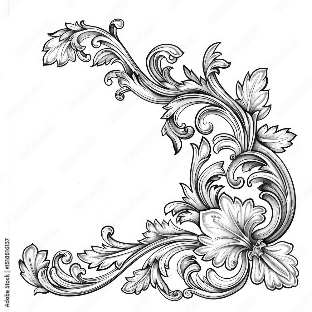 Fototapeta premium Ornate corner design with detailed foliage.