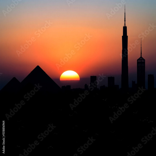 Sunset over egypt pyramids and modern city skyline silhouette wallpaper background image scenic view 100