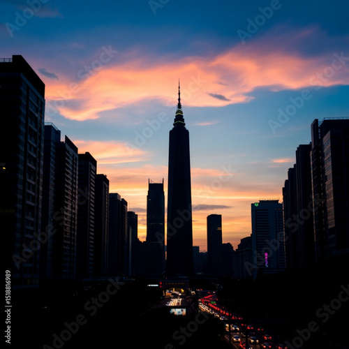 City skyline at sunset with skyscrapers and traffic in urban landscape photography scene with colorful sky views