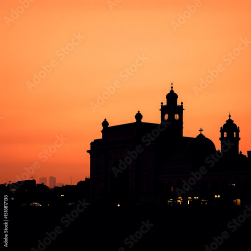 Silhouette of building at sunset architecture landmark cityscape evening skyline orange sky travel destination