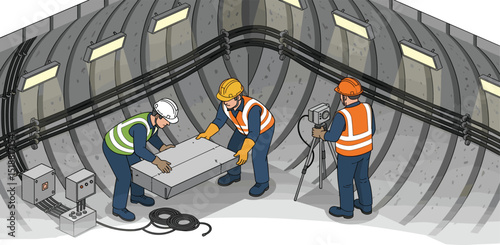 Team of electrical engineers conducting underground tunnel maintenance and inspection of high-voltage power cables using blueprint and technical tools 