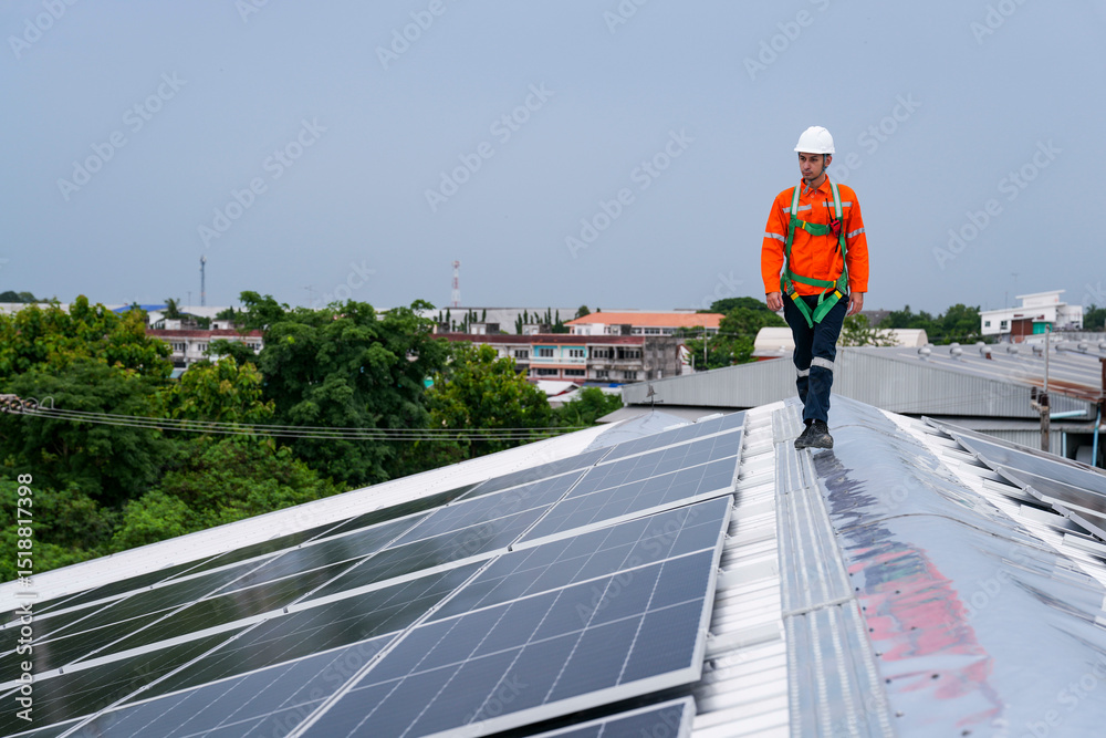 custom made wallpaper toronto digitalEngineer in safety gear standing on large solar panel rooftop